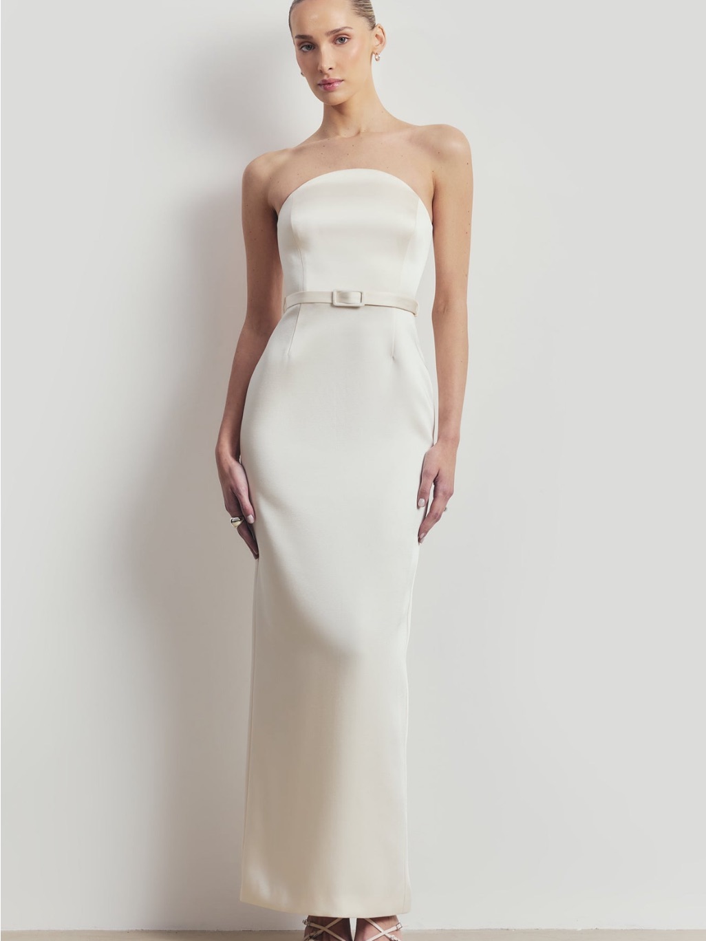 Minimalist Strapless Cream Column Gown With Waist Belt